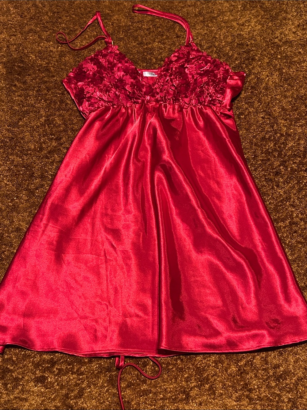 Floral Lace Satin Red Chemise with Adjustable Straps